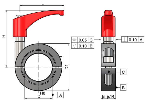 Steel double split shaft collar flame red Zinc Die Cast indexing lever