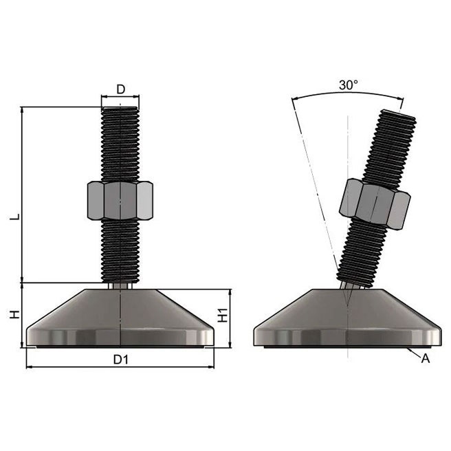 Heavy duty levelling feet nickel plated M16 x 80mm Mild Steel base
