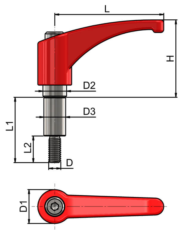 Zinc Die Cast clamping lever Stainless Steel thread shoulder flame red