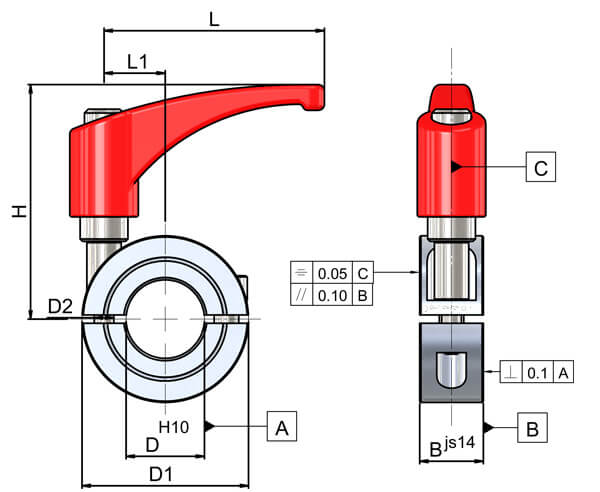 Aluminium double split shaft collar flame red Zinc Die Cast indexing lever