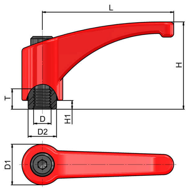 Zinc Die Cast clamping lever Steel female thread flame red