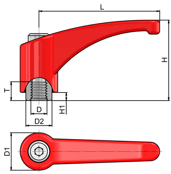 Zinc Die Cast clamping lever with Stainless Steel female thread flame red