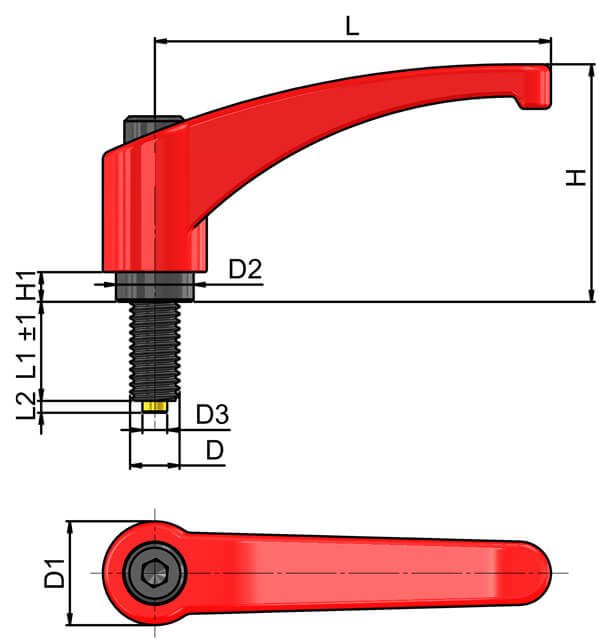 Zinc Die Cast clamping lever Brass tip thread flame red