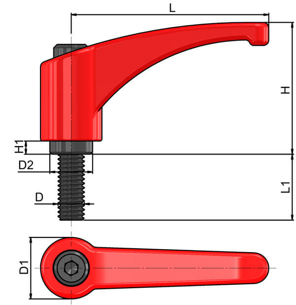 Zinc Die Cast clamping lever Steel thread flame red