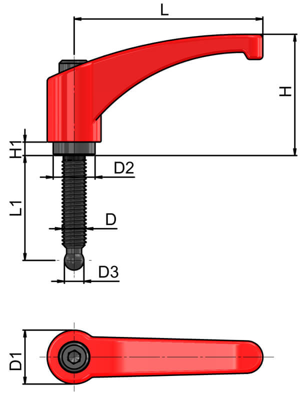 Zinc Die Cast clamping lever ball end thread flame red
