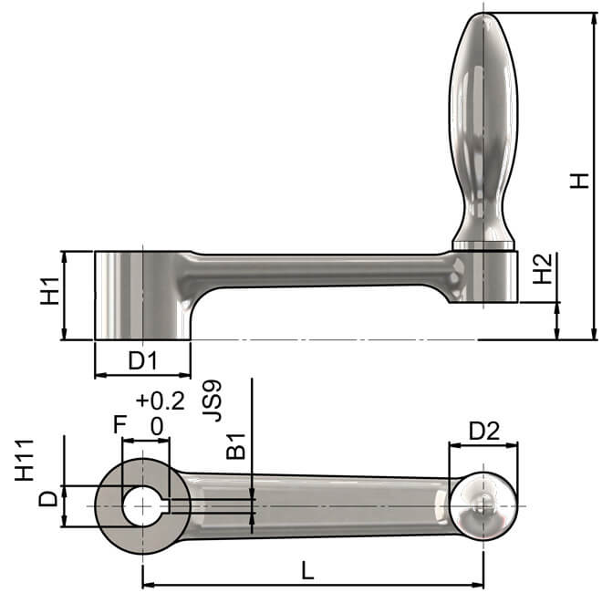 Crank handle keywayed with fixed grip 316 Stainless Steel