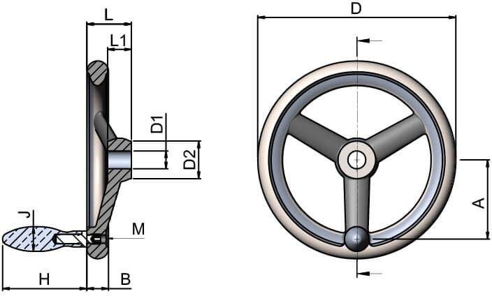 Handrad aus Aluminium mit gedrehtem Kranz - runde Bohrung und Drehgriff