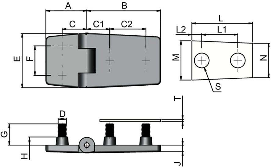 Charnière plate en zinc moulé sous pression fixation par goujon